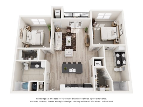 Floor plan for 2 beds, 2 baths, 1109 sqft